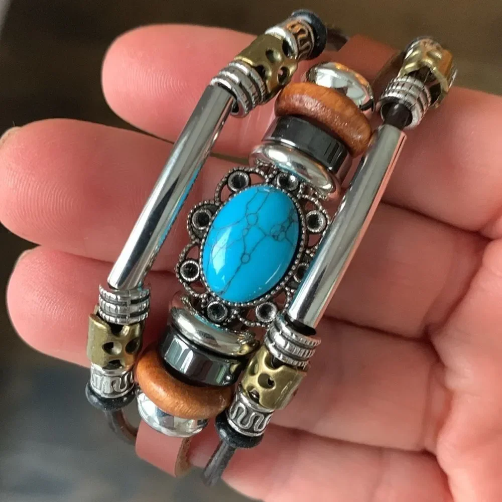 Men’s Western Multi-Strand Bracelet - Silver Tone with Faux Turquoise